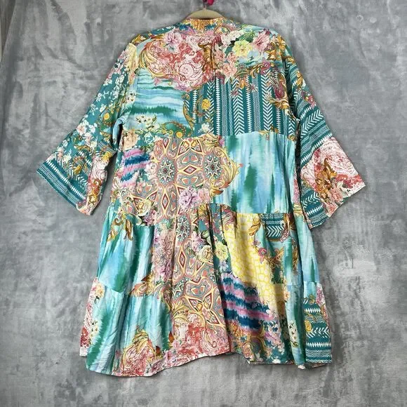 Women Dress  Large Made‎ In Italy Mix Print Patch Dress Fairy Bell Sleeve - Picture 10 of 12